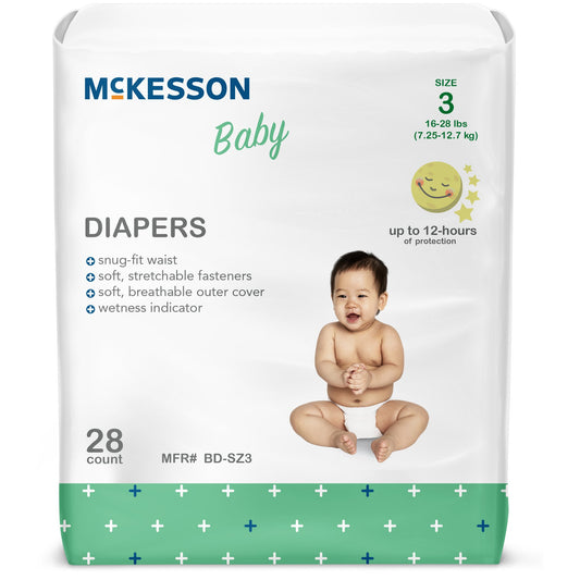 McKesson Baby Diapers package with a baby on the front, showing product details.