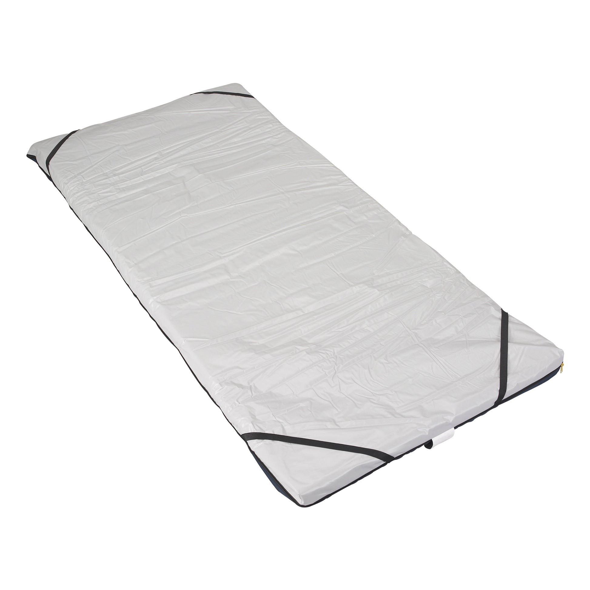 White sleeping bag with black zipper on a white background
