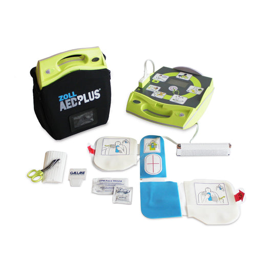 ZOLL AED Plus defibrillator with accessories on a white background