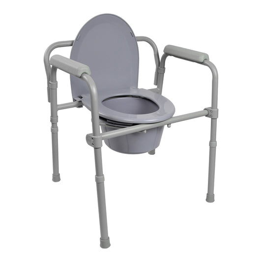 Gray commode chair with metal frame on a white background
