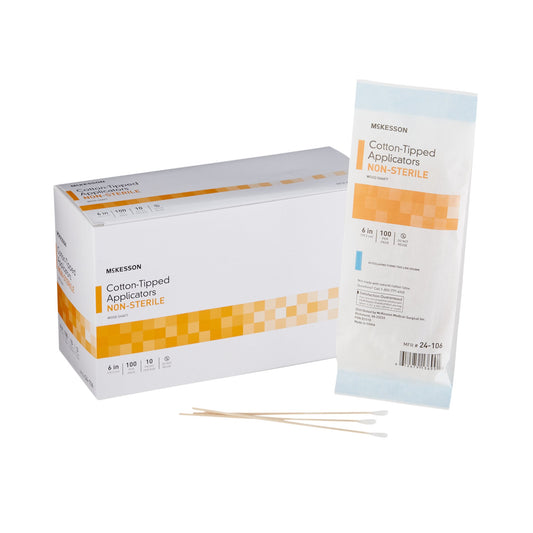 Box and individual package of Cotton-Tipped Applicators by McKesson on a white background