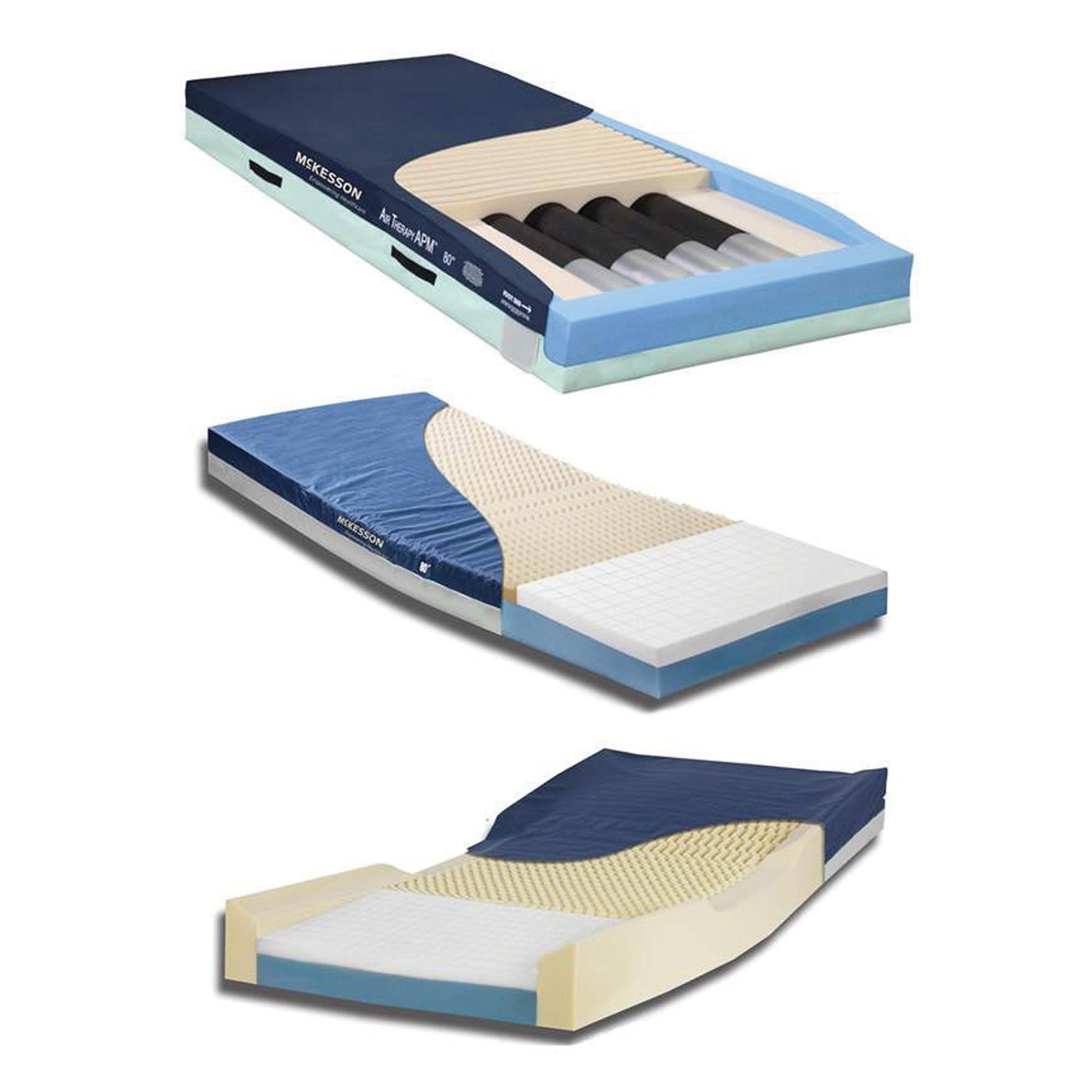 Three views of a mattress with visible layers on a white background