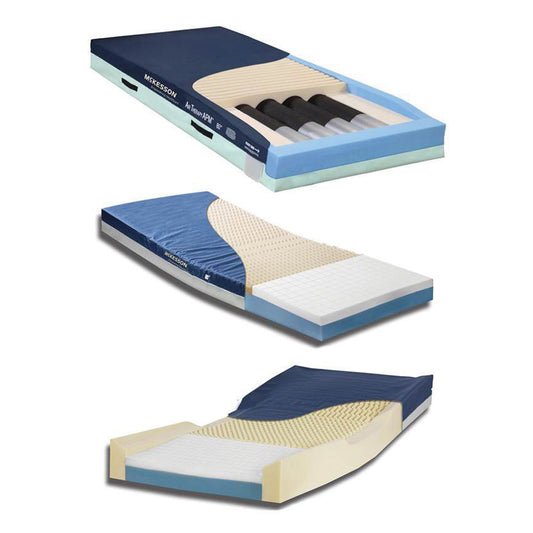 Three views of a mattress with visible layers on a white background