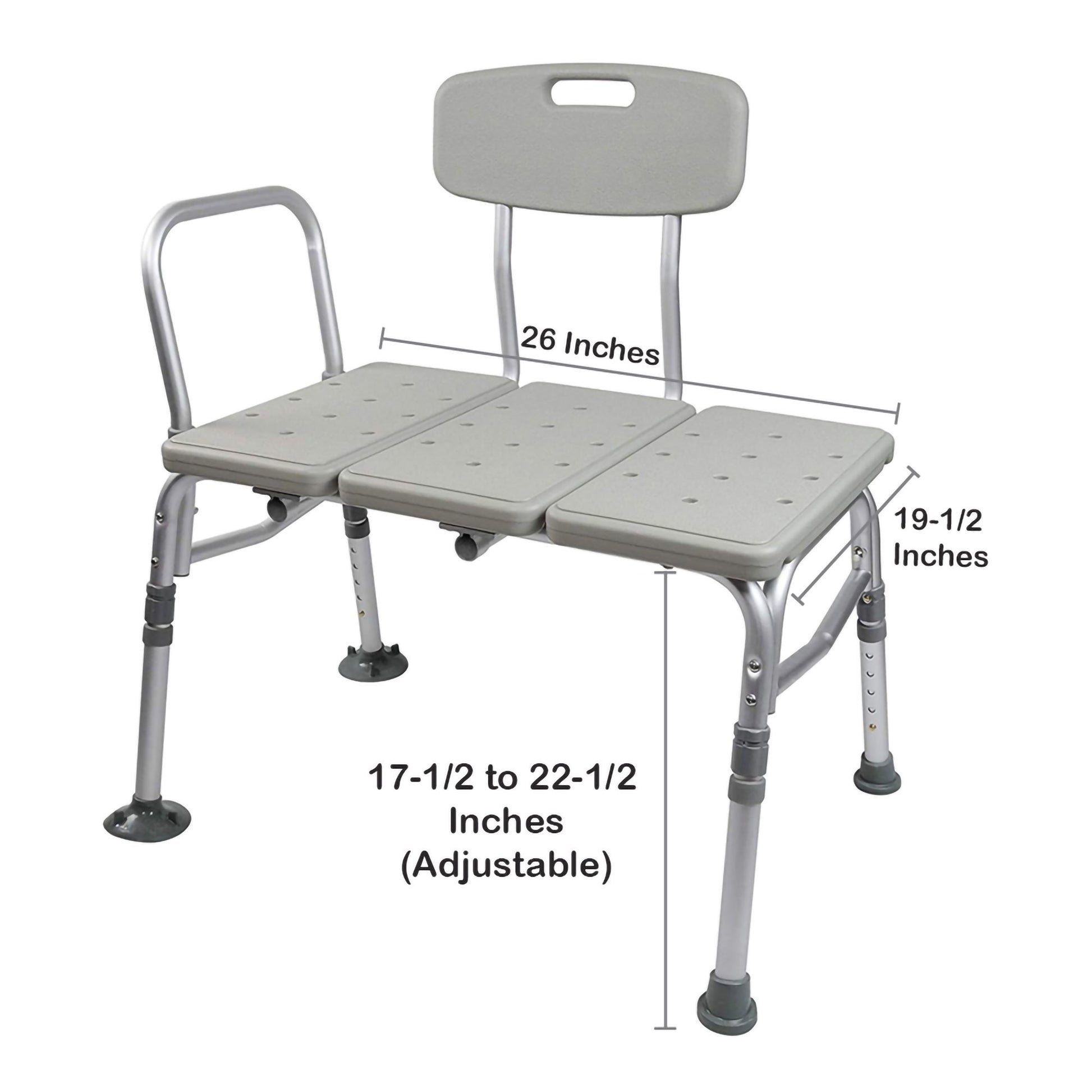 Gray adjustable bath chair with measurements on a white background