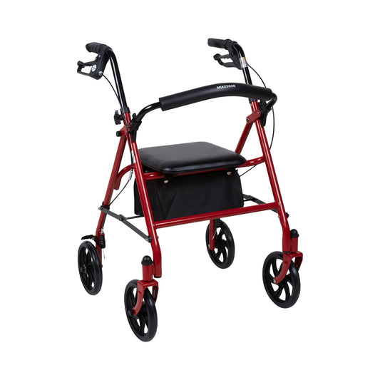 Red rollator with black seat on a white background