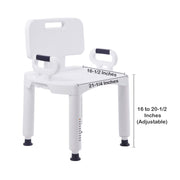 White adjustable shower chair with measurements on a white background