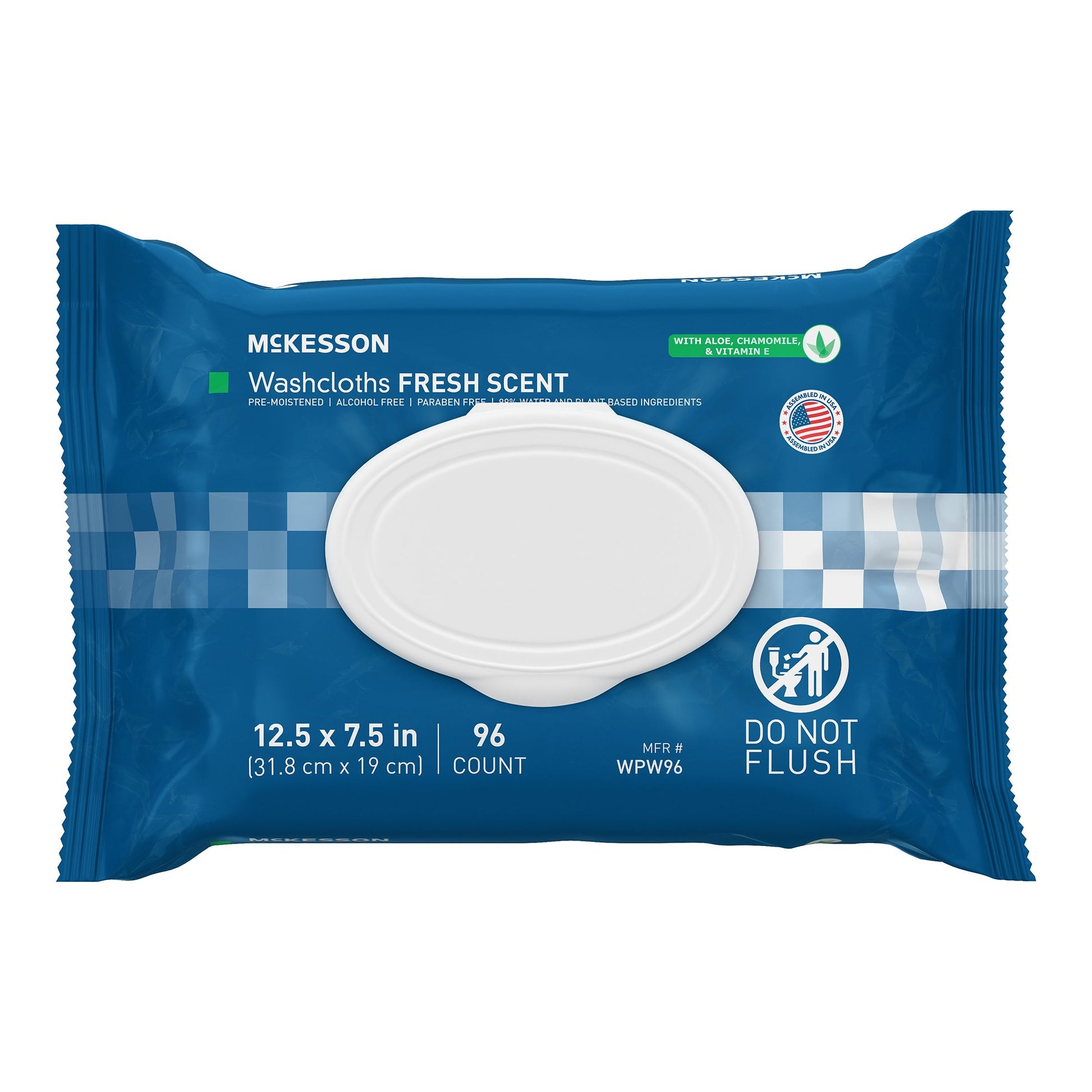 Blue McKesson washcloths packaging with white washcloths on a white background