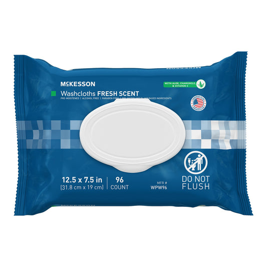 Blue McKesson washcloths packaging with white washcloths on a white background