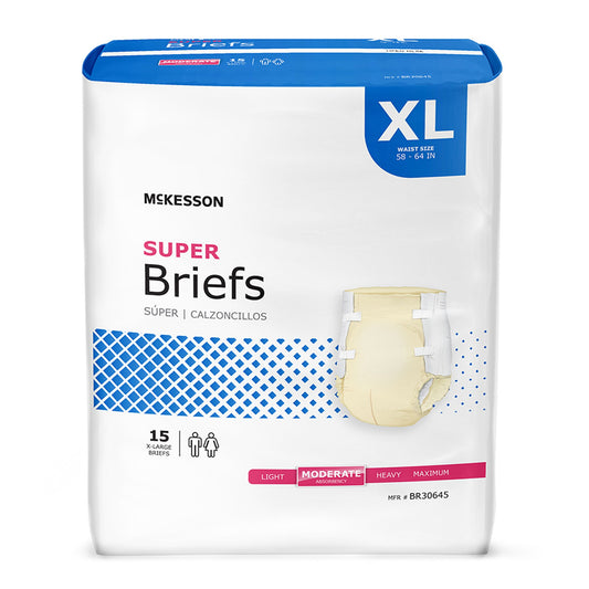 Package of McKesson Super Briefs in XL size on a white background