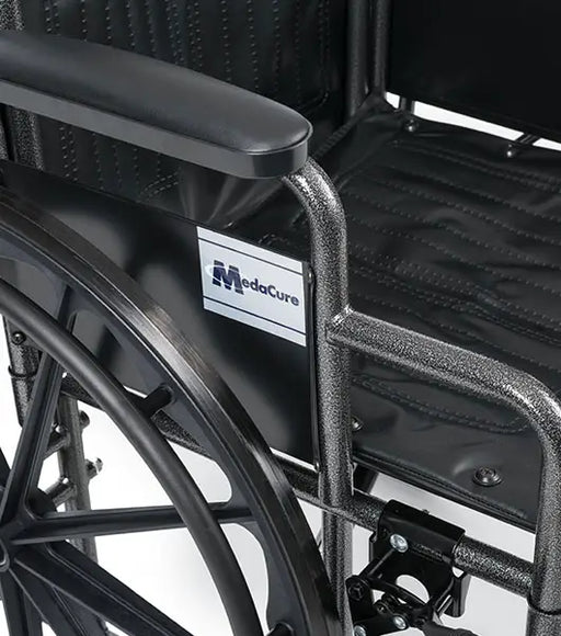 Black wheelchair with MedaCure logo on a white background