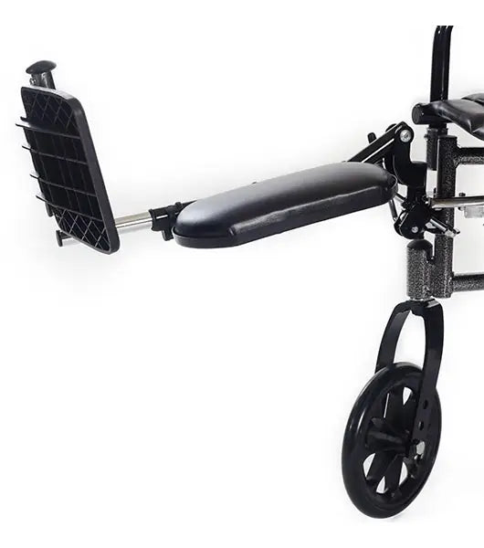 Close-up of a wheelchair armrest and footrest on a white background