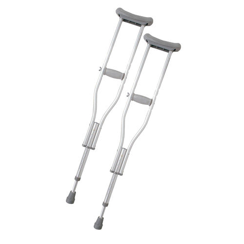 A pair of silver aluminum underarm crutches with gray pads and adjustable collars, shown against a plain white background.