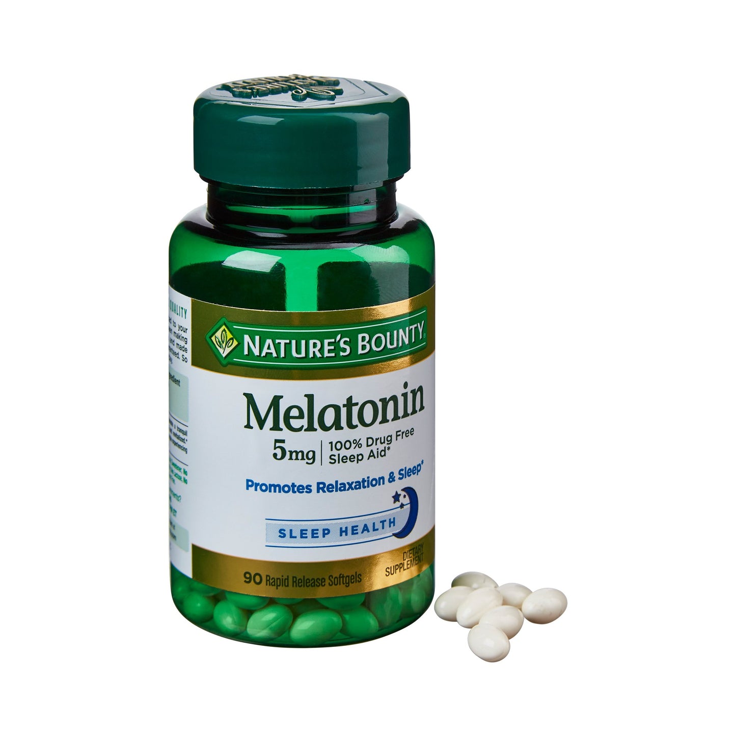 Nature's Bounty Melatonin supplement bottle with pills on a white background