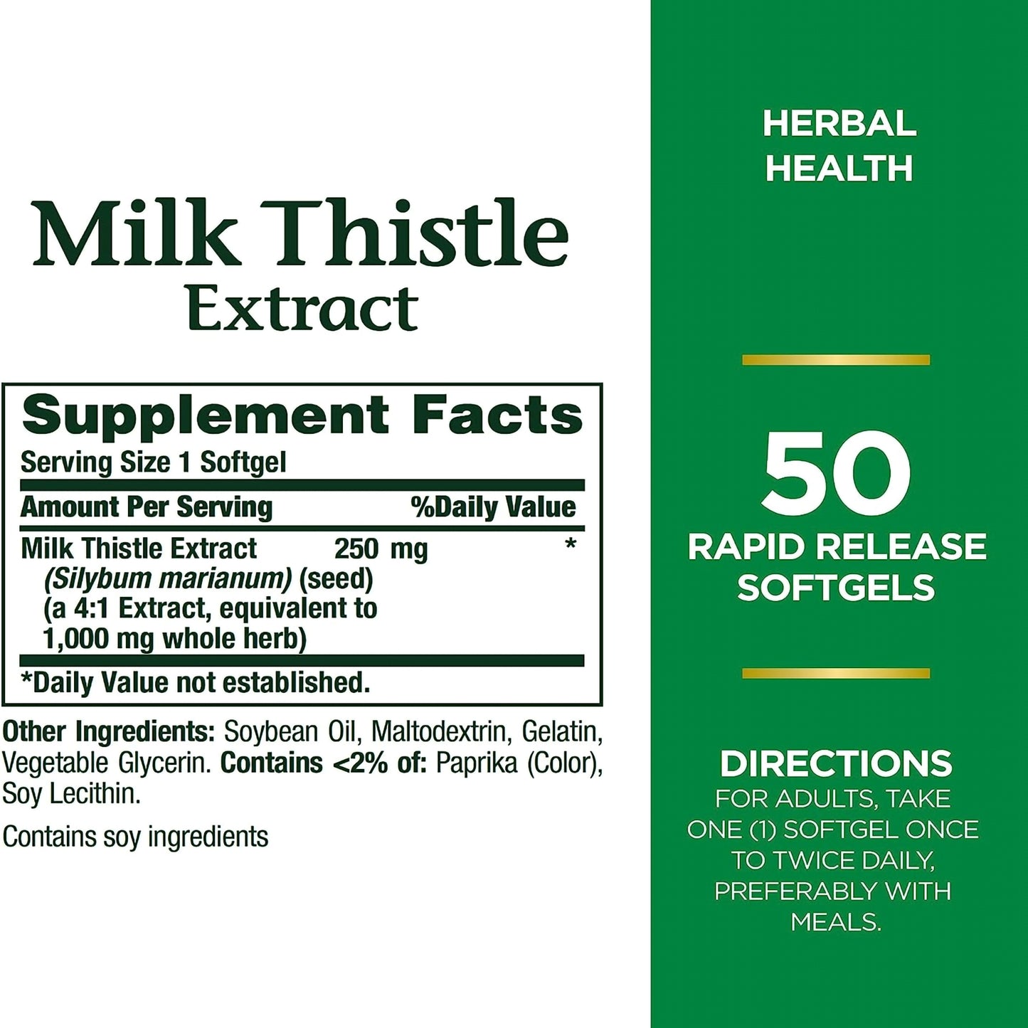Milk Thistle Extract supplement label with supplement facts and directions.