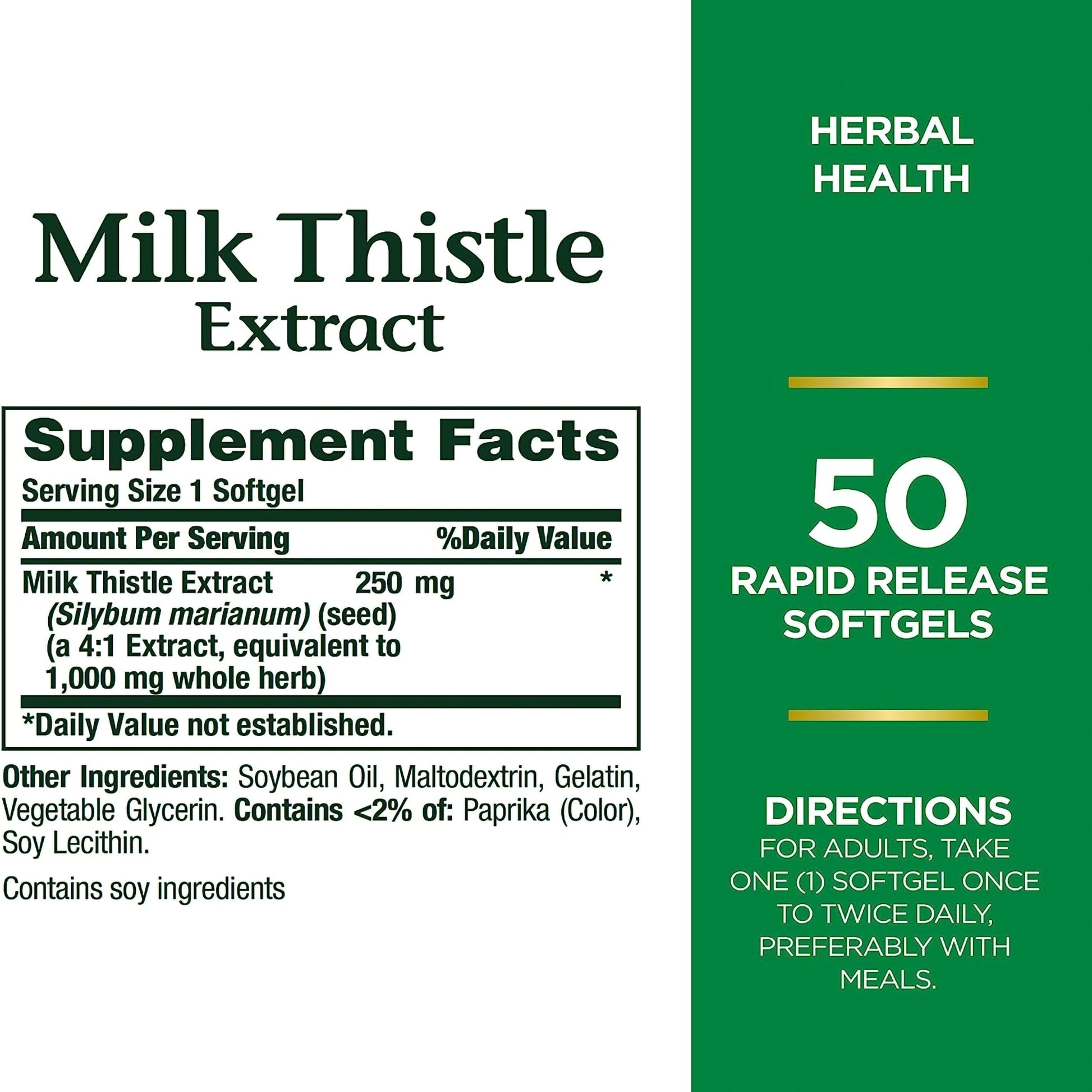 Milk Thistle Extract supplement label with supplement facts and directions.