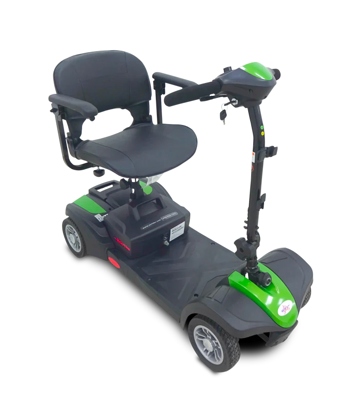 Gray and green mobility scooter on a white background