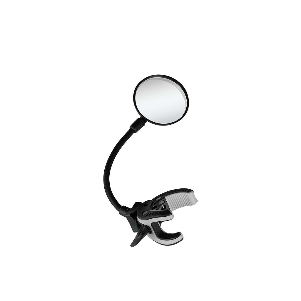 Black and white magnifying glass with adjustable arm on a white background