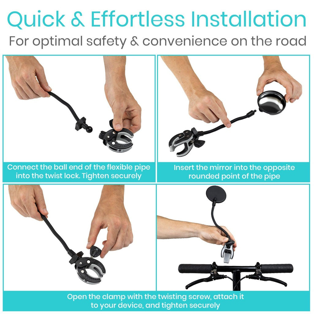 Step-by-step guide on how to install a mirror on a handlebar with text about safety and convenience.