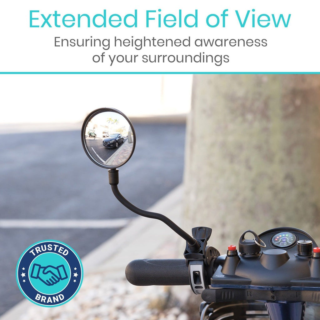 Motorcycle mirror with extended field of view on a road, featuring a 'Trusted Brand' badge.