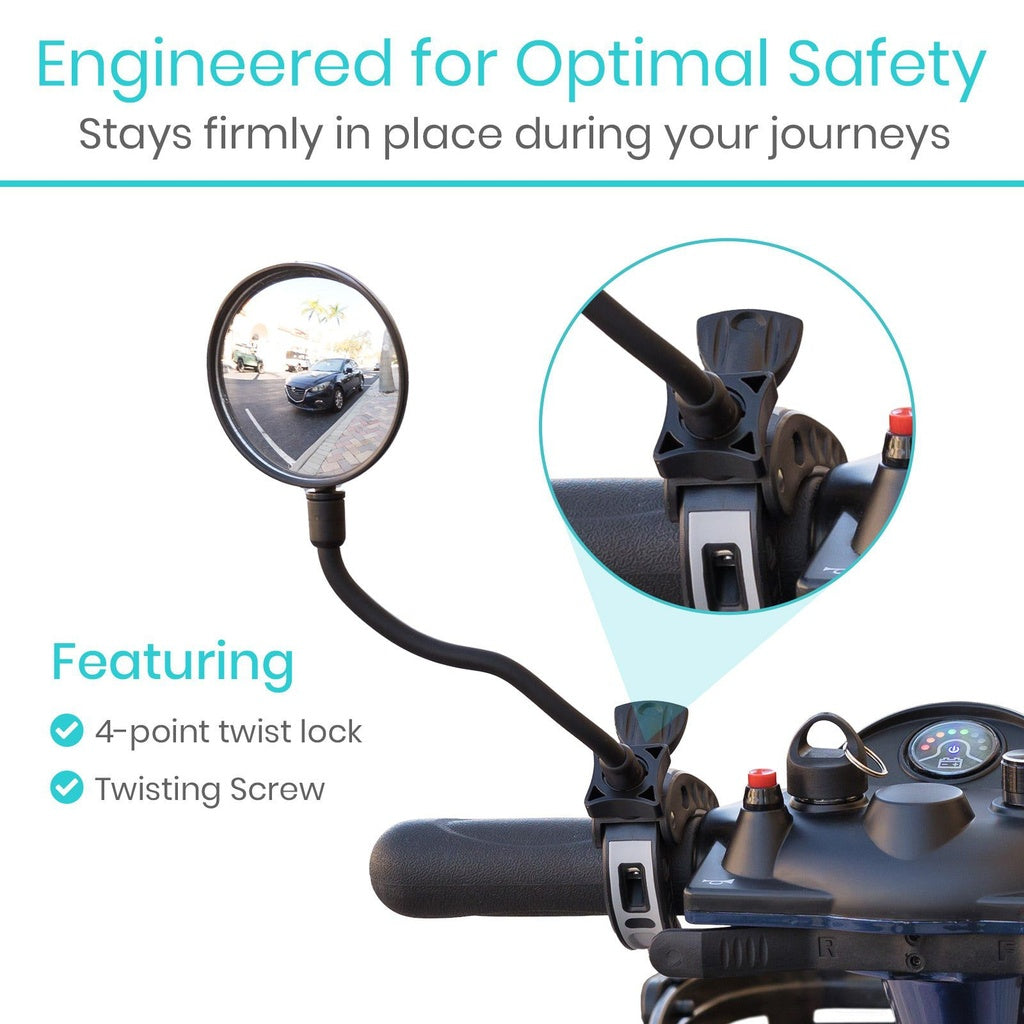 Motorcycle mirror with text highlighting safety features and design details.