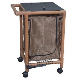 Cart with a mesh bag on wheels and a flat top surface