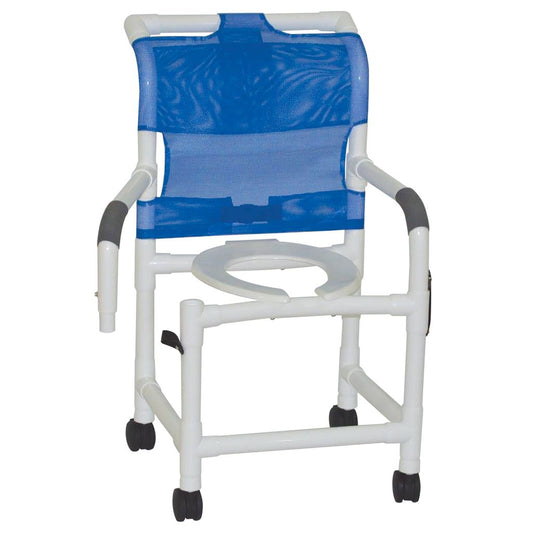 Blue shower chair with white frame and wheels on a white background
