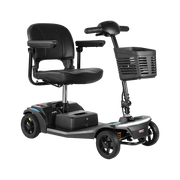 Black mobility scooter with a seat and basket on a white background