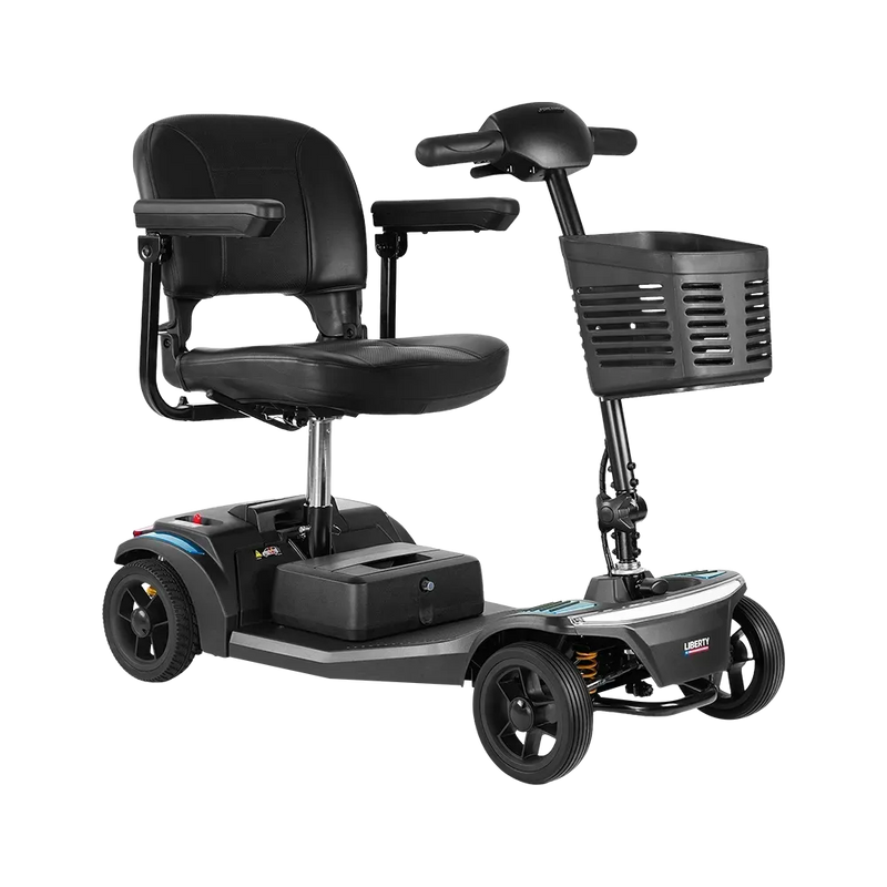 Black mobility scooter with a seat and basket on a white background