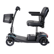 Black mobility scooter with a seat on a white background