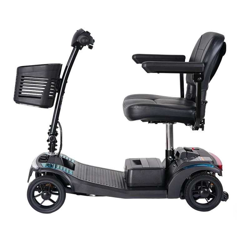 Black mobility scooter with a seat on a white background