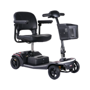 Black mobility scooter with a basket on a white background