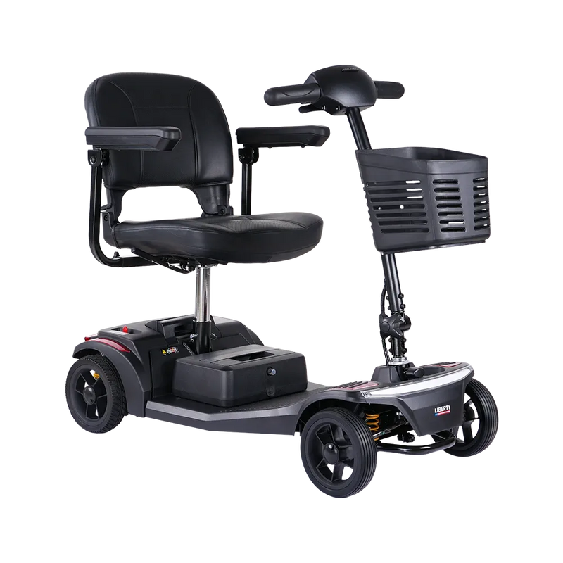 Black mobility scooter with a basket on a white background