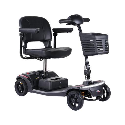 Black mobility scooter with a basket on a white background