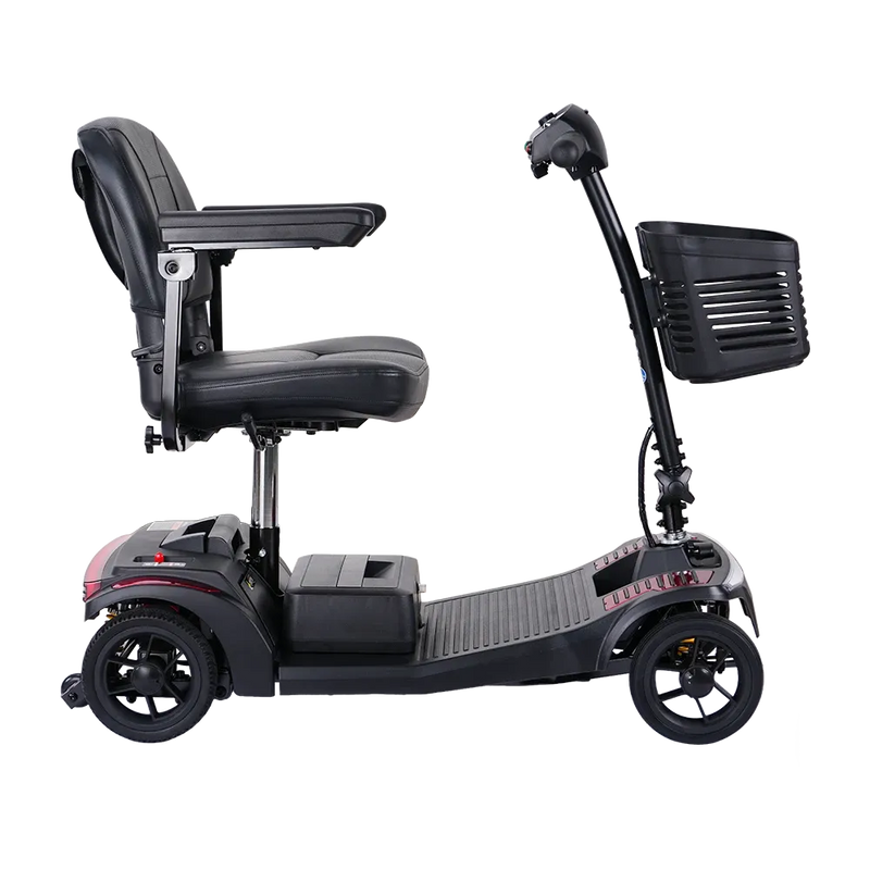 Black mobility scooter with large seat on a white background