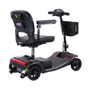 Black mobility scooter with a seat on a white background