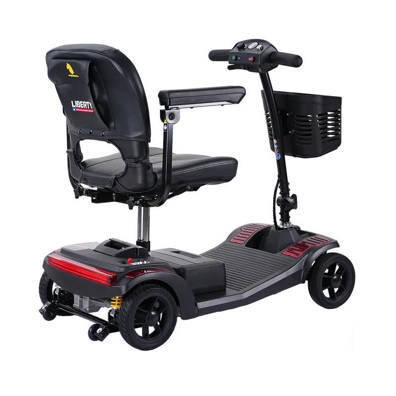 Black mobility scooter with a seat on a white background