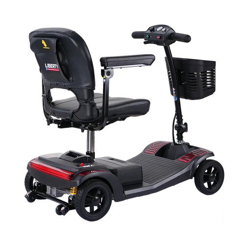 Black mobility scooter with a seat on a white background
