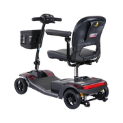 Black and gray mobility scooter with a seat and basket on a white background