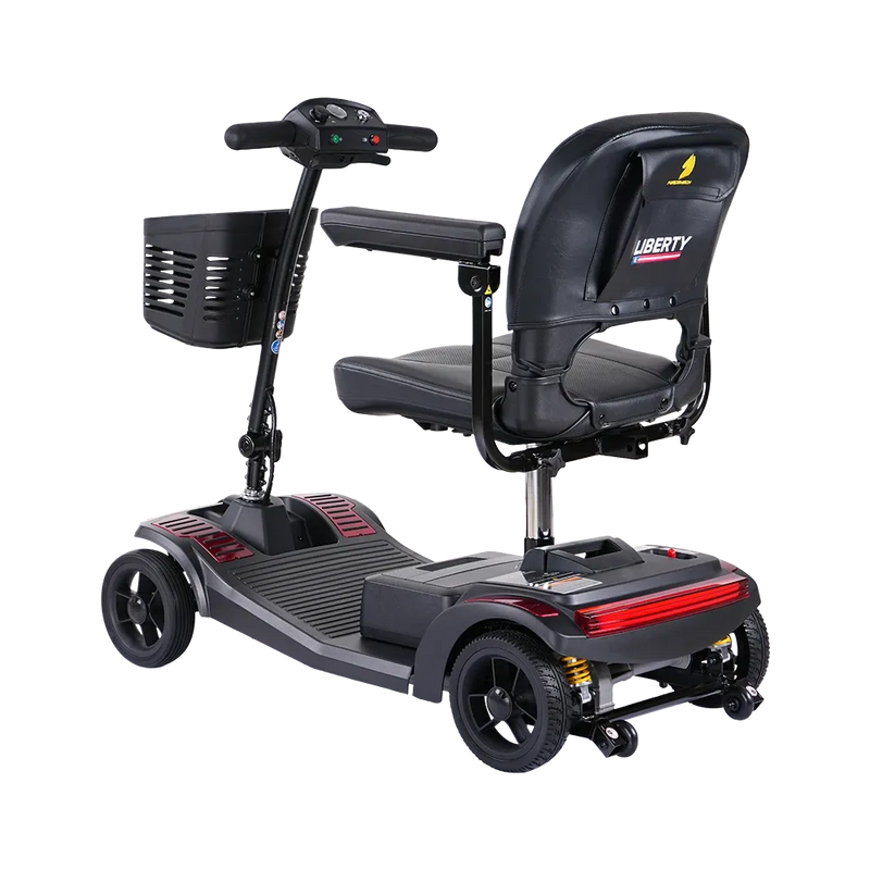 Black and gray mobility scooter with a seat and basket on a white background