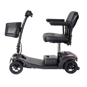 Black mobility scooter with a seat on a white background