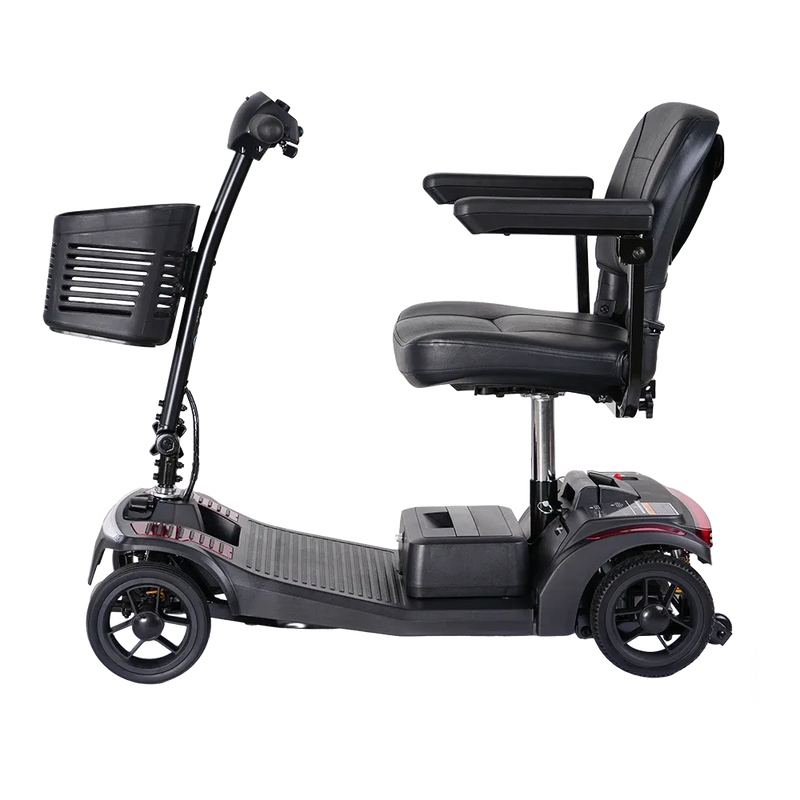Black mobility scooter with a seat on a white background