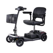 Black mobility scooter with seat and basket on a white background