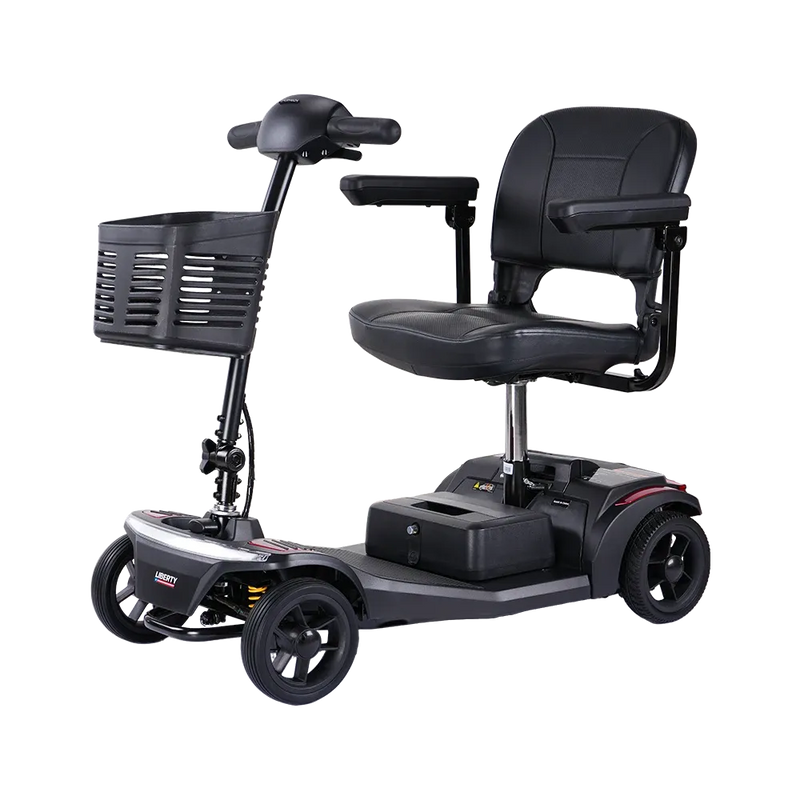 Black mobility scooter with seat and basket on a white background