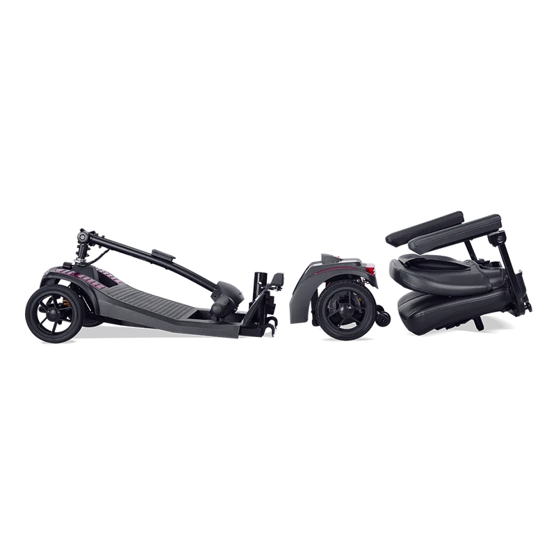 Three-wheeled scooter with folded seat on a white background