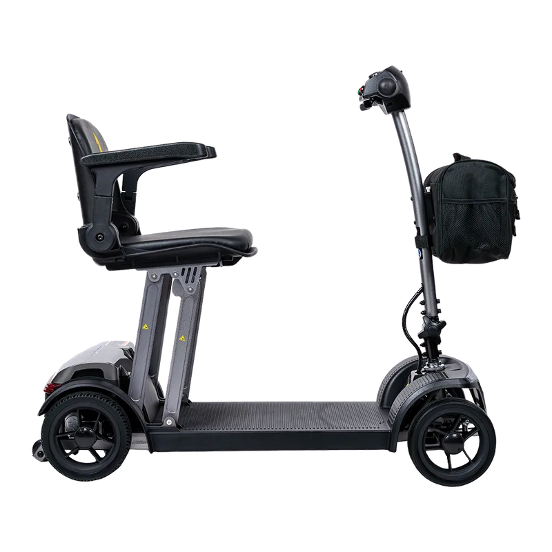 Black mobility scooter with a seat and bag on a white background
