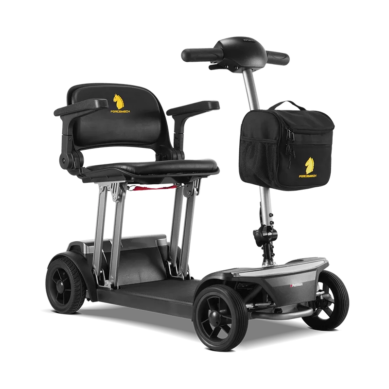 Black mobility scooter with a seat and bag on a white background