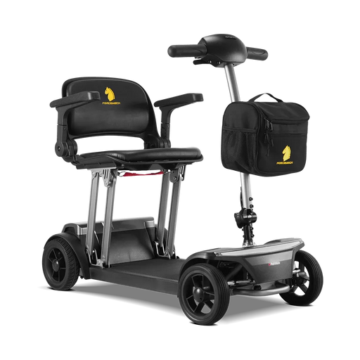 Black mobility scooter with a seat and bag on a white background