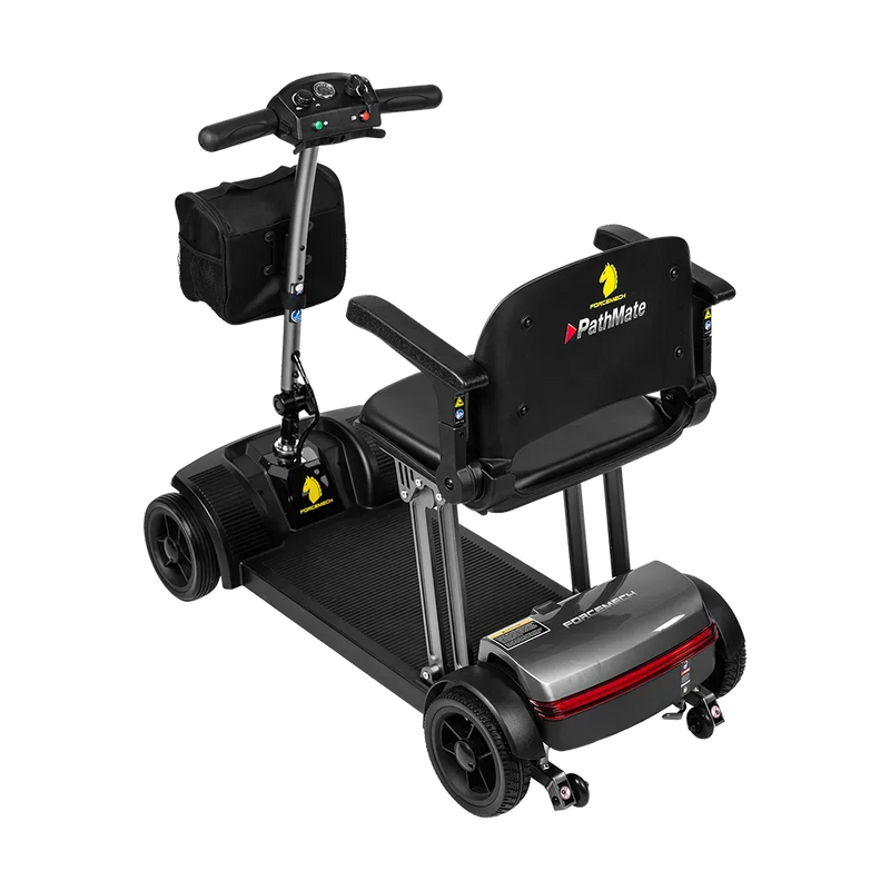 Black electric scooter with a seat on a white background
