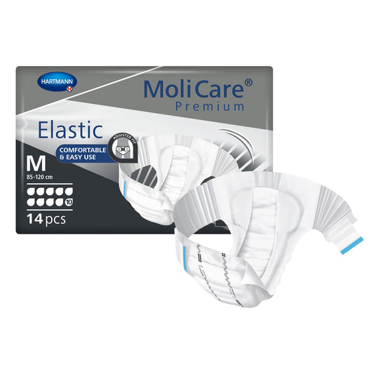 MoliCare Premium Elastic packaging with white elastic bands on a white background