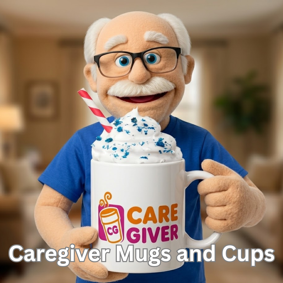 Puppet holding a mug with 'Caregiver' branding and a large milkshake.